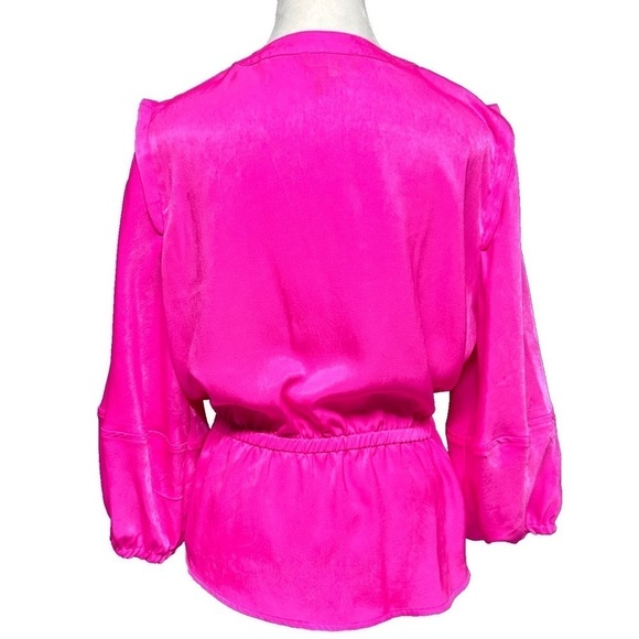 DKNY Women's Satin 3/4-Sleeve Peplum Top Hot Pink Soft Bloused Waist Size Large - Picture 3 of 10